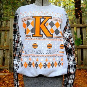 Kalamazoo College MI Reconstructed Xmas Sweatshirt Plaid Flannel Sleeves XL/2XL